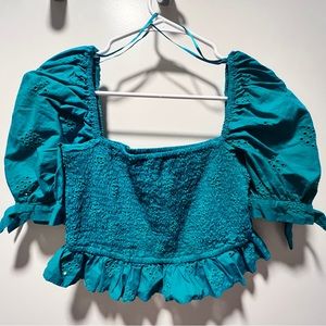 zara greenish blue puff sleeves ruffle cropped top